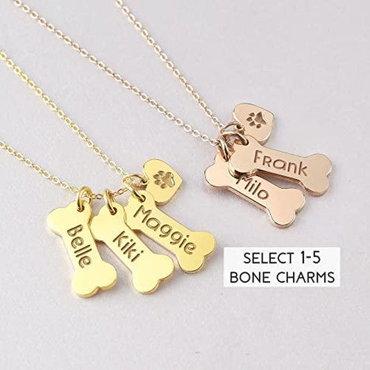 Personalized Sterling Silver Dog Mom Necklace with Pawprint & Bone Charms